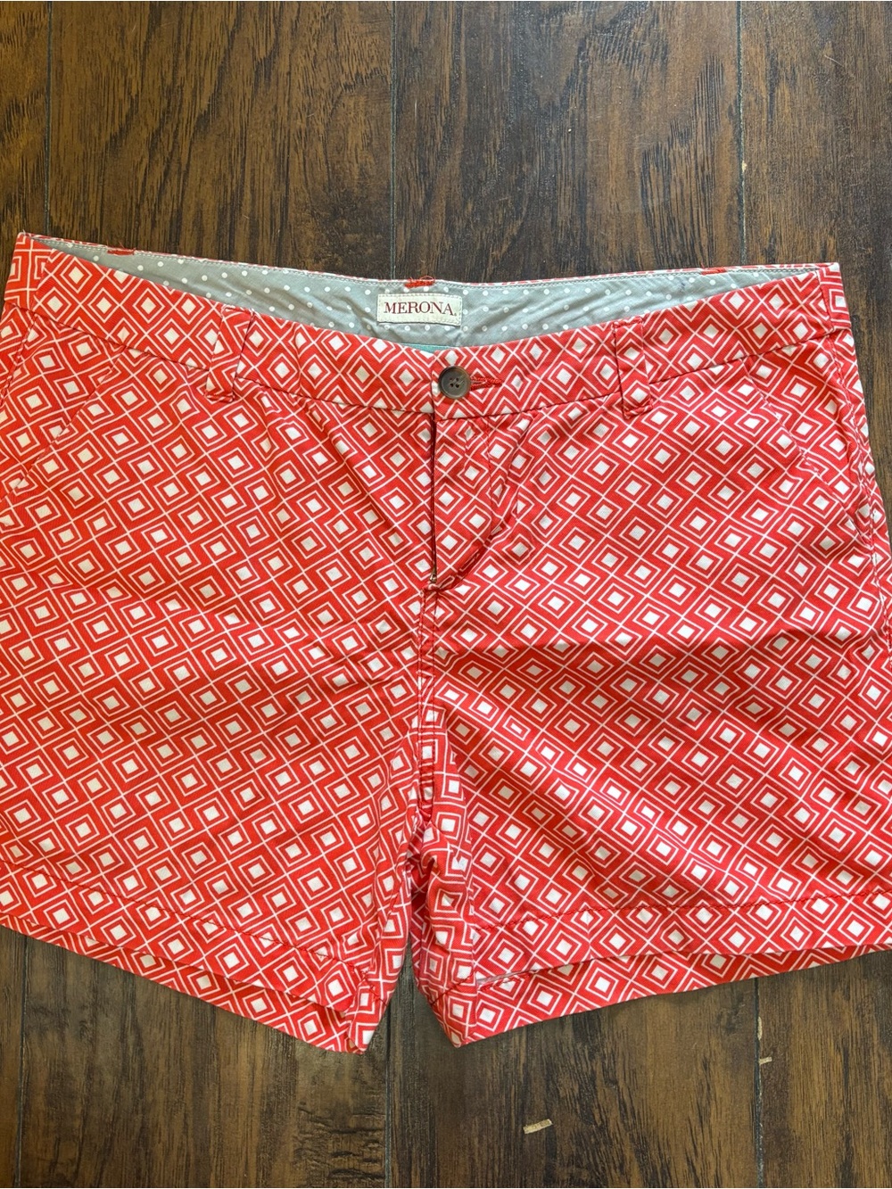 Women’s Merona Coral Red Geometric Print Flat-Front Shorts Size 12 100% Cotton